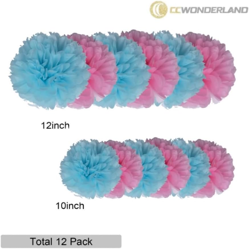 Pink and Blue Paper Pom Poms,Party Tissue Paper Flowers Balls for Baby Shower,Boy or Girl Gender Reveal,Size of 10inch, 12inch, Pack of 12