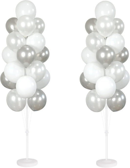 Balloon Column Kit Set of 2 With Balloons Included - with Base, and Pole,Balloon Tower Backdrop Decoration for Wedding, Baby Shower, Birthday Party, or Bachelorette Parties (Silver White)