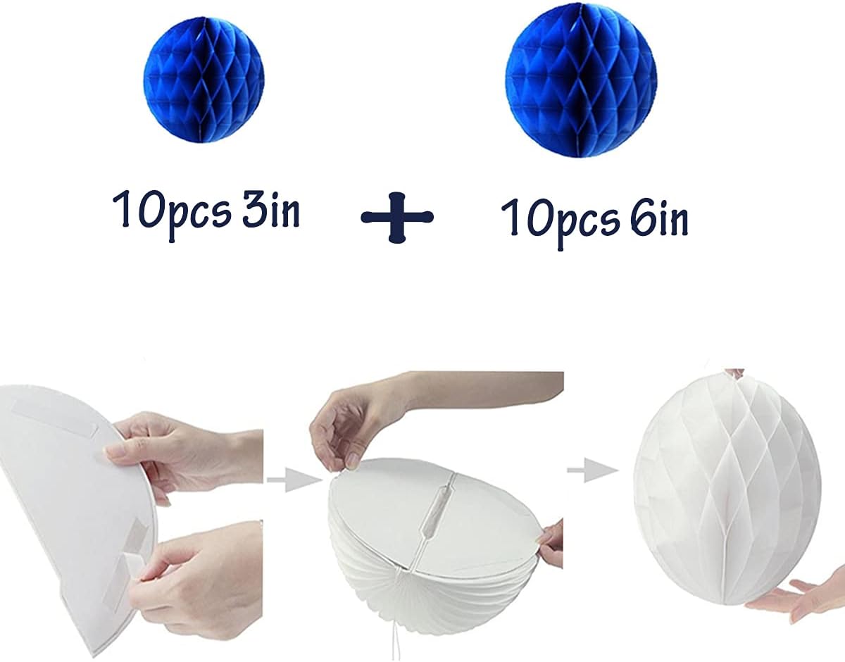 20pcs Honeycomb Flower Balls Party Honeycomb Balls Decoration Paper Flower Balls Tissue Paper Flower Ball Pom Poms Ball for Birthday Wedding Home Decor (3inch+6inch, Royal Blue)