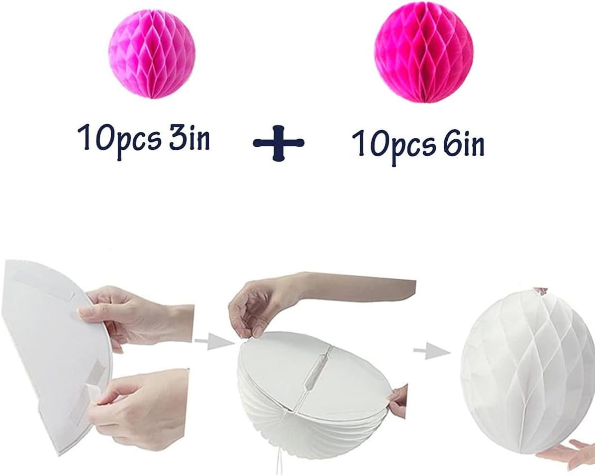 20pcs Honeycomb Flower Balls Party Honeycomb Balls Decoration Paper Flower Balls Tissue Paper Flower Ball Pom Poms Ball for Birthday Wedding Home Decor (3inch+6inch, Pink+Rose red)