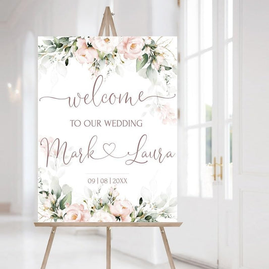 Blush Pink Welcome Sign - Soft Pink Editable Wedding Board - Floral Printable Sign