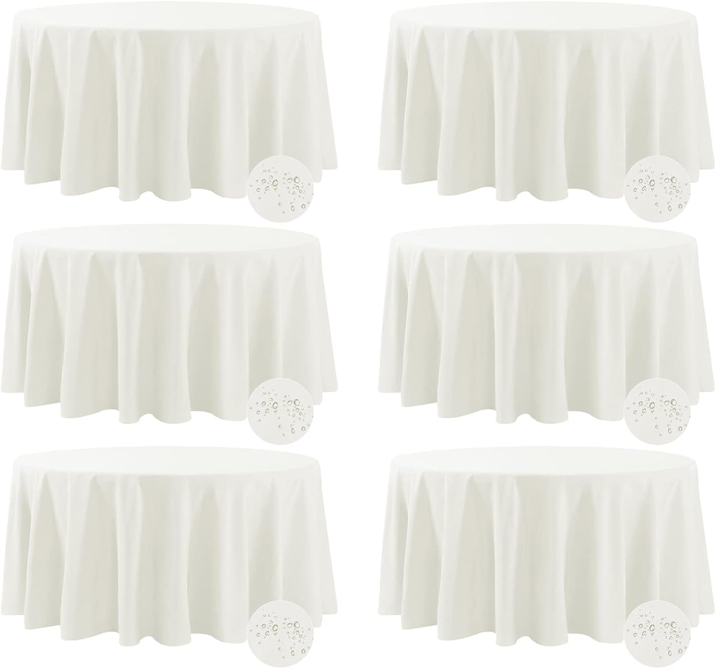 Fokitut 6 Pack Waterproof Round Tablecloth, 108 Inch, Stain Resistant and Wrinkle Polyester Table Cloth, Fabric Table Cover for Kitchen Dining, Wedding, Party, Holiday Dinner-Ivory