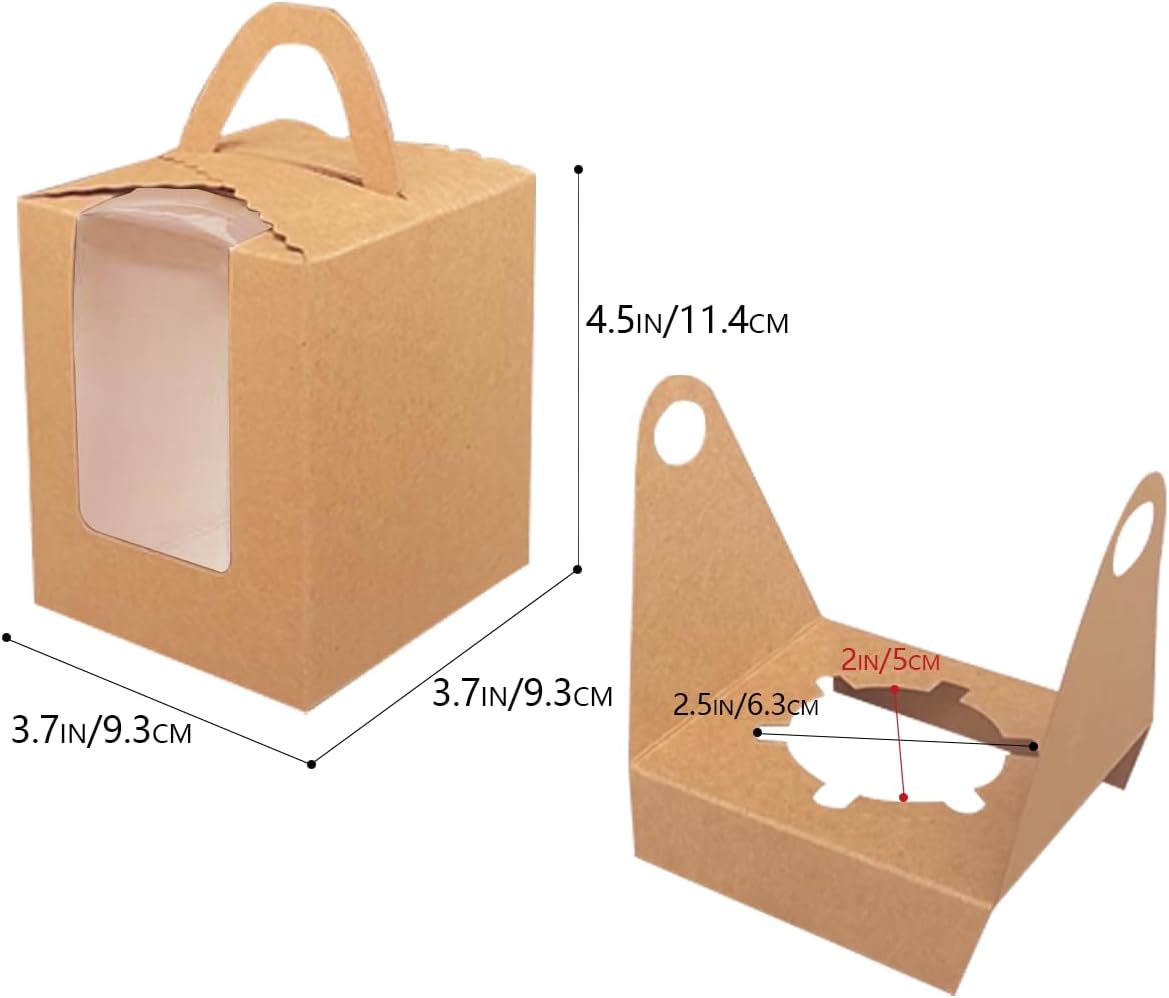 Bakepacker Auto-pop up Individual Cupcake Boxes with Window 60 Count Brown Single Cupcakes Box 3.6 x 3.6 x 4.3inch Cupcake Carrier