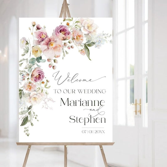 Bloom Wedding Welcome Sign | Printable Dusty Pink Peach Fuzz Floral Welcome Sign | Spring Wedding Welcome Sign | Wedding Yard Signs