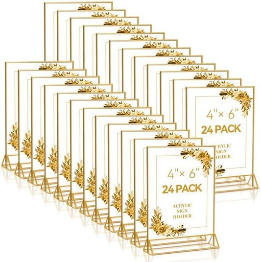 24 Pack Gold Acrylic Sign Holder, Picture Frames Wedding Double Sided Display Clear Sign Holders Stand Desktop Table Menu for Wedding Party Restaurant (4×6)