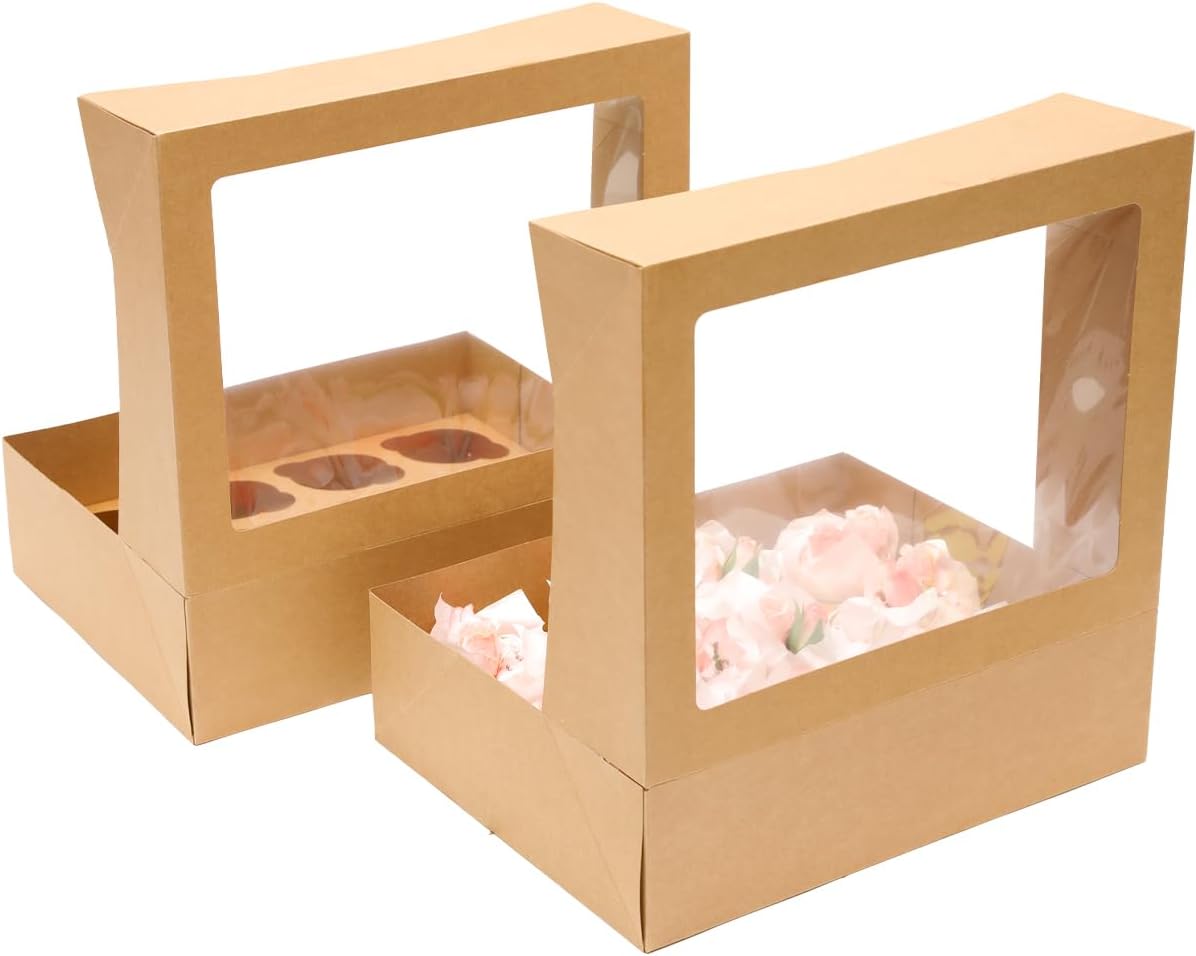 Bakepacker Auto-pop up 12 Cupcake Containers 6-Packs Brown Cupcakes Carrier, 12 Cupcake Boxes with Window 13"x10"x3.5"