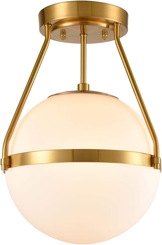 HOLKIRT Mid Century Modern Globe Semi Flush Mount Ceiling Light Fixture,White Opal with Brass Finish,Living/Dinning Room