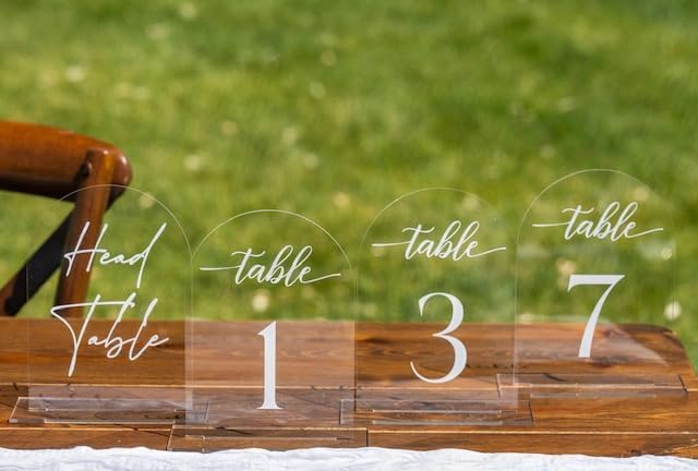 Clear Arch Acrylic Table Numbers for Wedding Reception - 5" x 7" White Font Centerpiece Set with Holder Stands & Head Table Sign - Anniversary, Event, Party, Wedding set 1-20