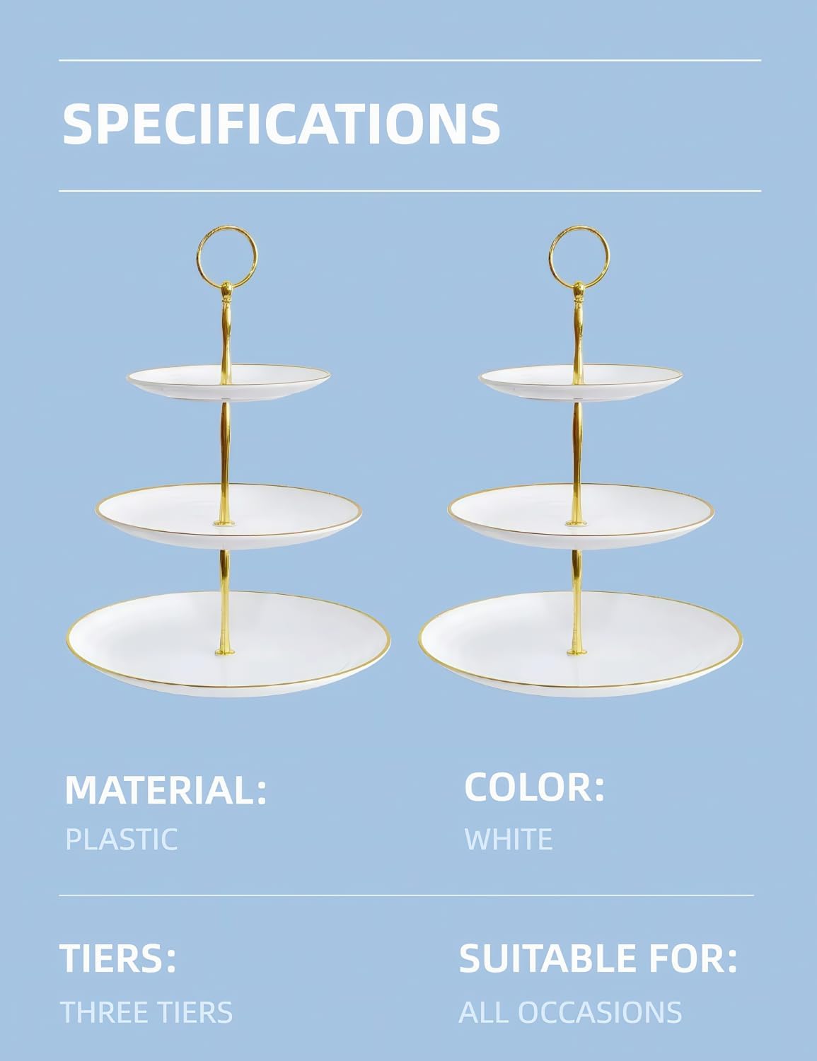 RAUVOLFIA 3 Tier Plastic Cupcake Stand, Tiered Serving Cake Stand, Round White Dessert Stand, Weddings Parties Pastry Serving Tray (2 Pack, White Plate with Gold Rim)