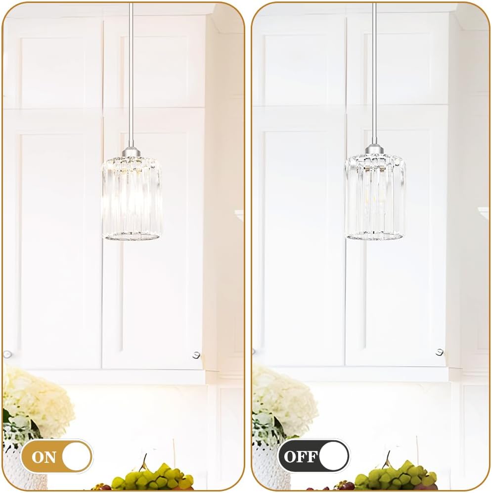 Chrome Kitchen Pendant Lights Over Island with Adjustable Rods - Crystal Pendant Lighting Fixtures for Sloped Ceiling, Ideal Over Dining Table or Bar, E26 Bulb Compatible, No Electrician Needed