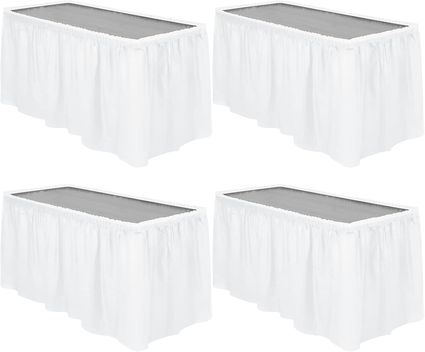 TURSTIN 4 Pieces White Plastic Table Skirts 14 Feet x 29 Inch for Rectangle Tables Fitted Tablecloth Disposable Table Cover for Birthday Party, Events, Banquette Baby Shower