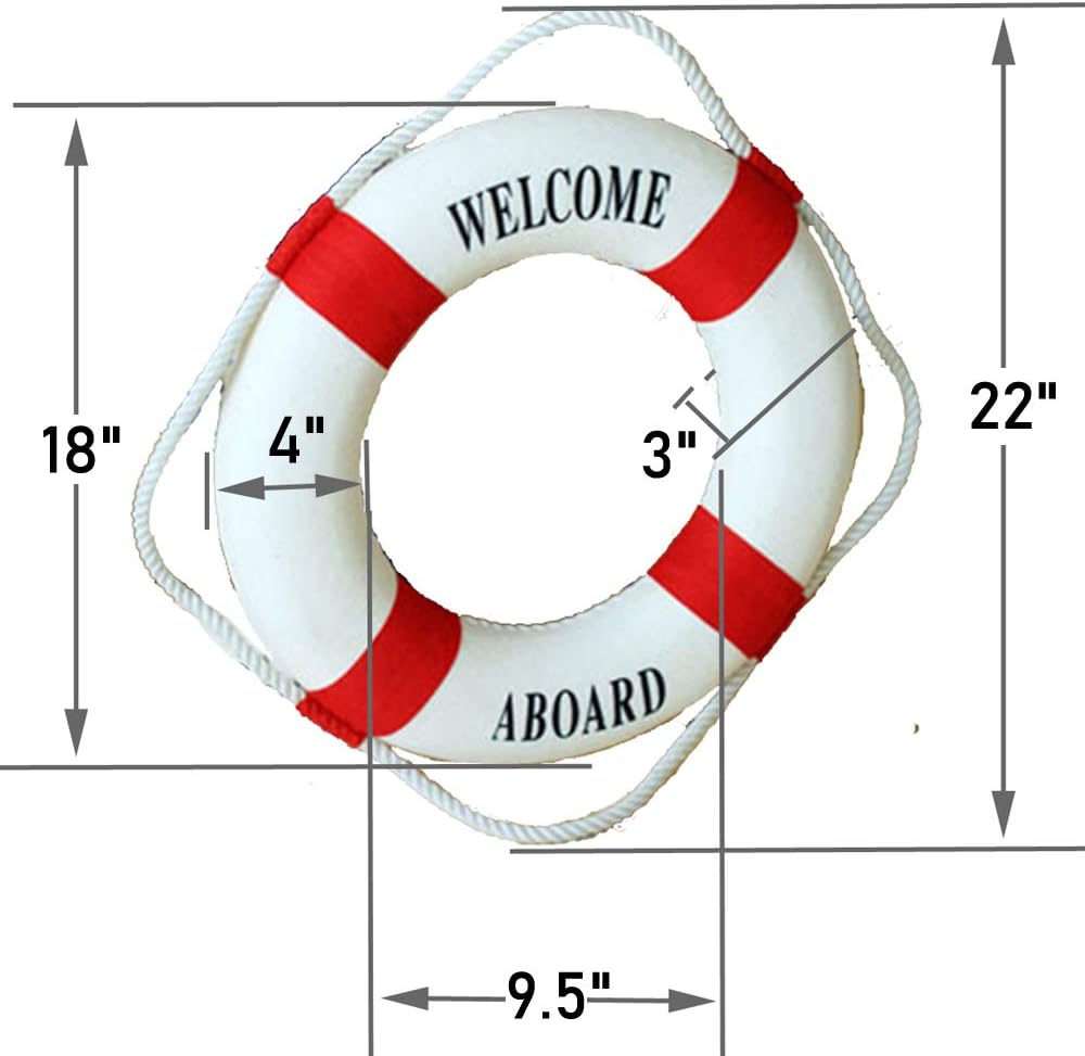 MorroMorn Lifebuoy Wall Hanging Decor - Welcome Aboard Mediterranean Style Home Decoration (Red, 18")