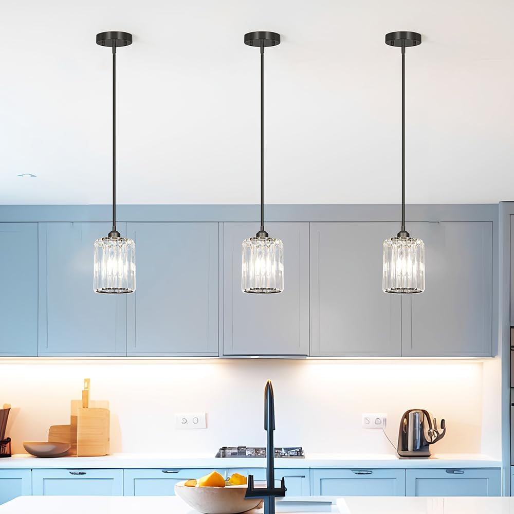 Black Kitchen Pendant Lights Over Island with Adjustable Rods - Crystal Pendant Lighting Fixtures for Sloped Ceiling, Ideal Over Dining Table or Bar, E26 Bulb Compatible, No Electrician Needed