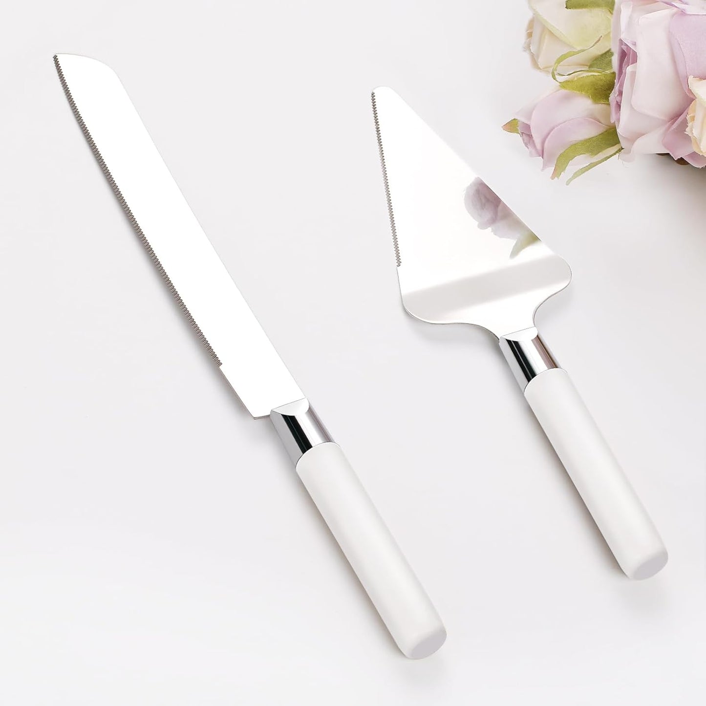 Cake Cutting Set for Wedding, Wood Cake Knife and Server Set, Vintage 2-Piece Pie Cake Cutter, White Pizza Dessert Utensils Bridal Anniversary Birthday Quinceañera Gift (White)
