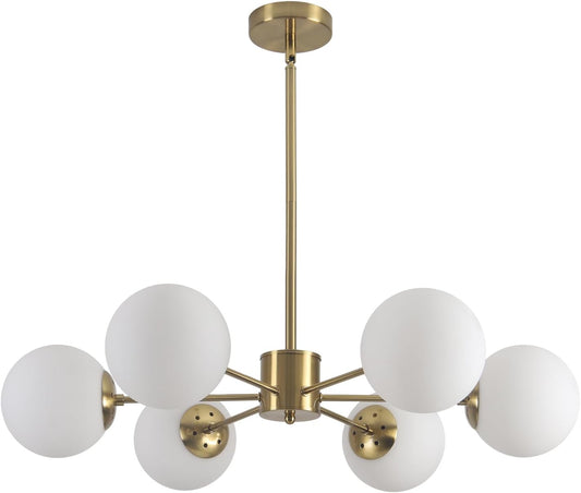 KCO 6-Light Globe Sputnik Chandelier Milk Glass Modern Gold Chandelier Light Fixture Mid Century Sputnik Chandeliers Pendant Lighting Brushed Brass Chandelier (Gold+White)