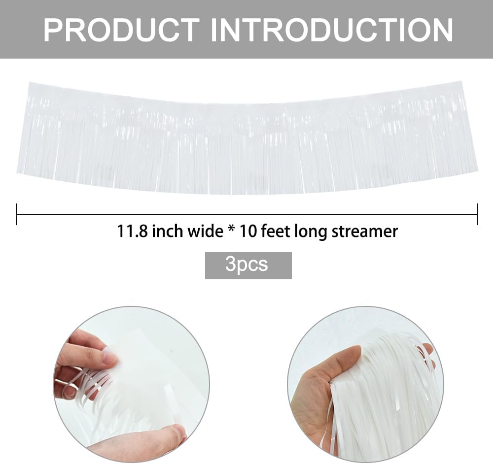 BEISHIDA 3 Packs Metallic Foil Fringe Garland Macaron White Wall Hanging Tinsel Fringe Banners for Car Floats Bridal Shower Wedding Birthday Easter Graduation Holiday Party Decoration(30 Feet)