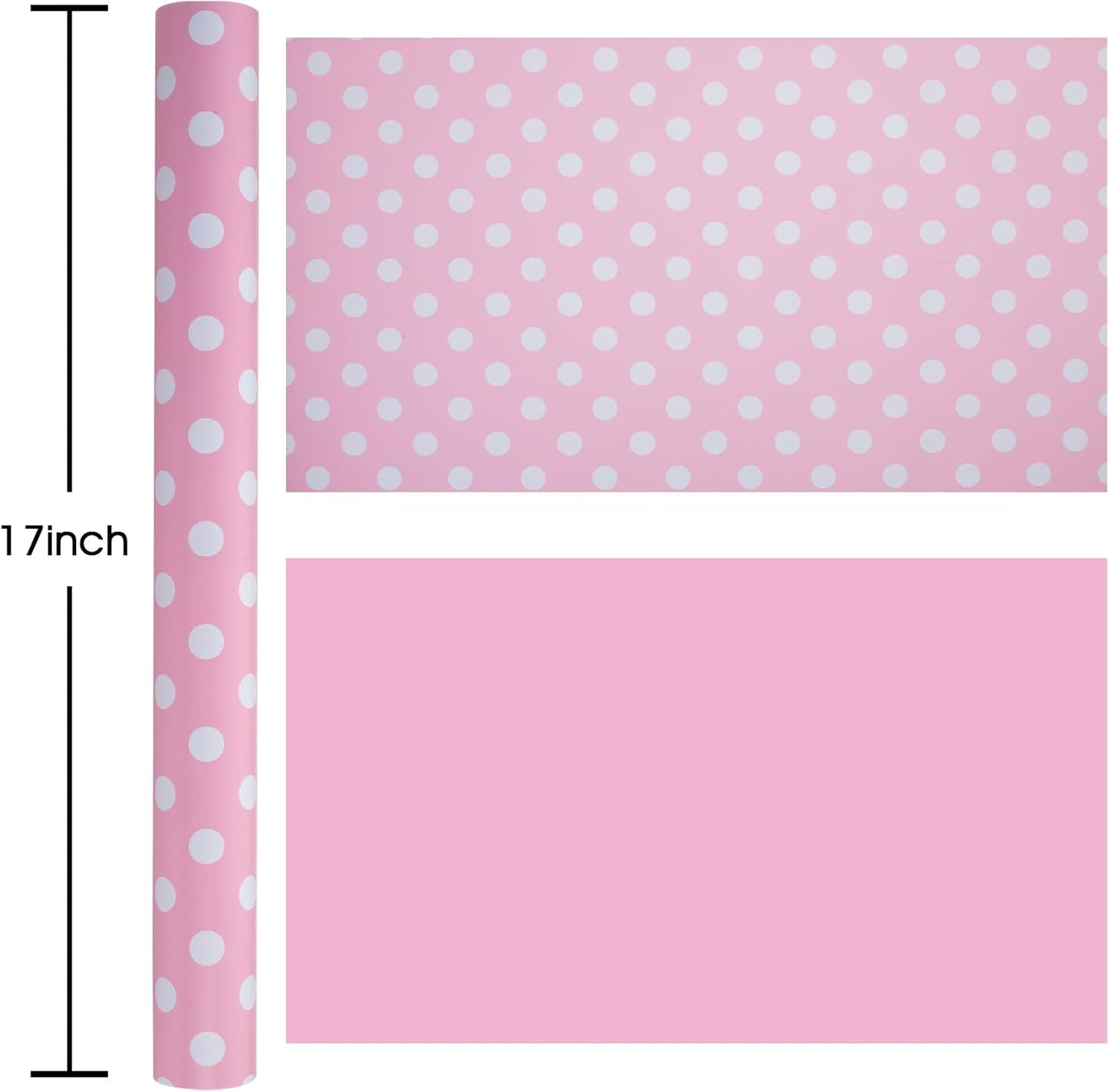 Burymento Pink and White Dots Wrapping Paper, Reversible Pink Gift Wrap for Birthday, Valentines, Mothers day, Graduation, Wedding, Fathers day, Baby Shower, Christmas (17in x 32.8ft)
