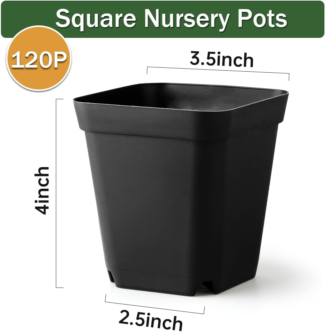 Small Plant Pots 3.5 Inch, 120 Pcs Nursery Pots with Drainage Holes, Durable Plastic Succulents Pots for Seedlings, Cuttings (Black)
