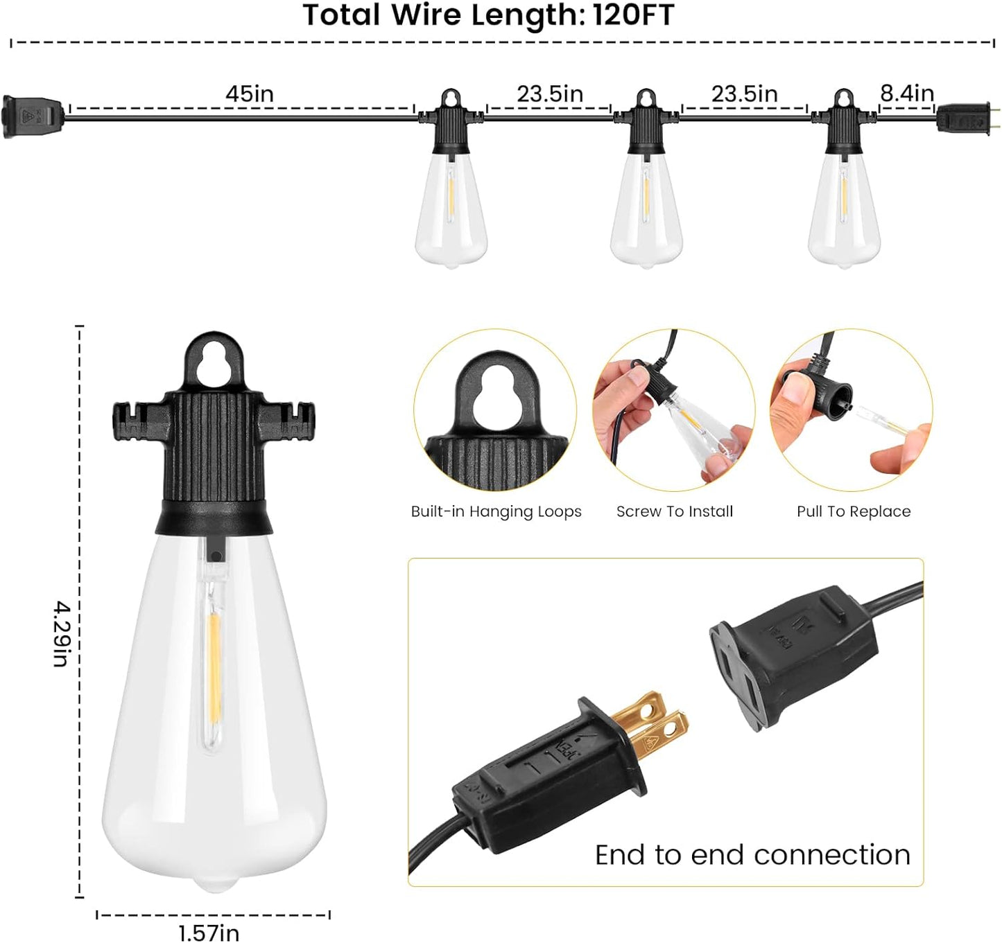 Outdoor Patio String Lights, 240FT LED with 120+4 ST38 Vintage Edison Bulbs, Waterproof Connectable Hanging Lights for Outside Backyard Bistro Porch (120FTx2)
