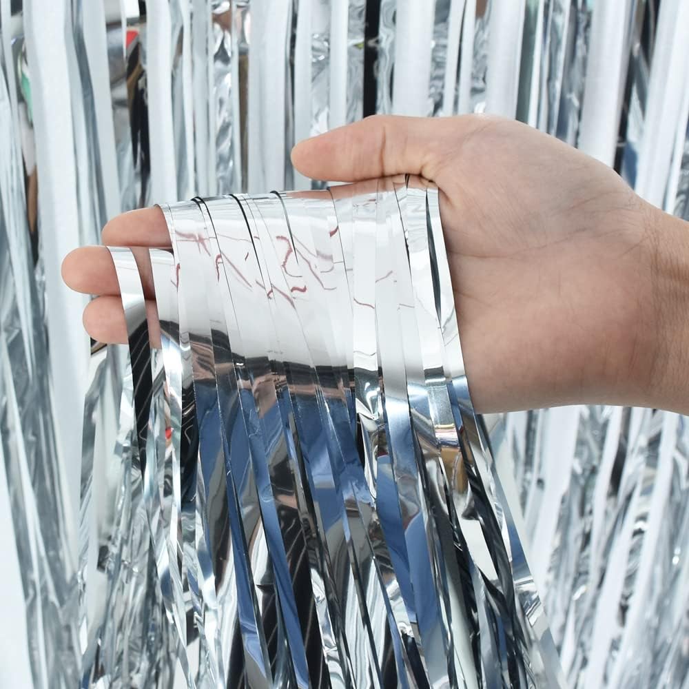 TONIFUL 2Pcs Silver Metallic Tinsel Foil Fringe Curtains,Black Photo Booth Backdrop Streamer Curtain Photo Booth Props for Bachelorette Party,Birthday,Graduation,Christmas Decor(6.6ft x 9.9ft)