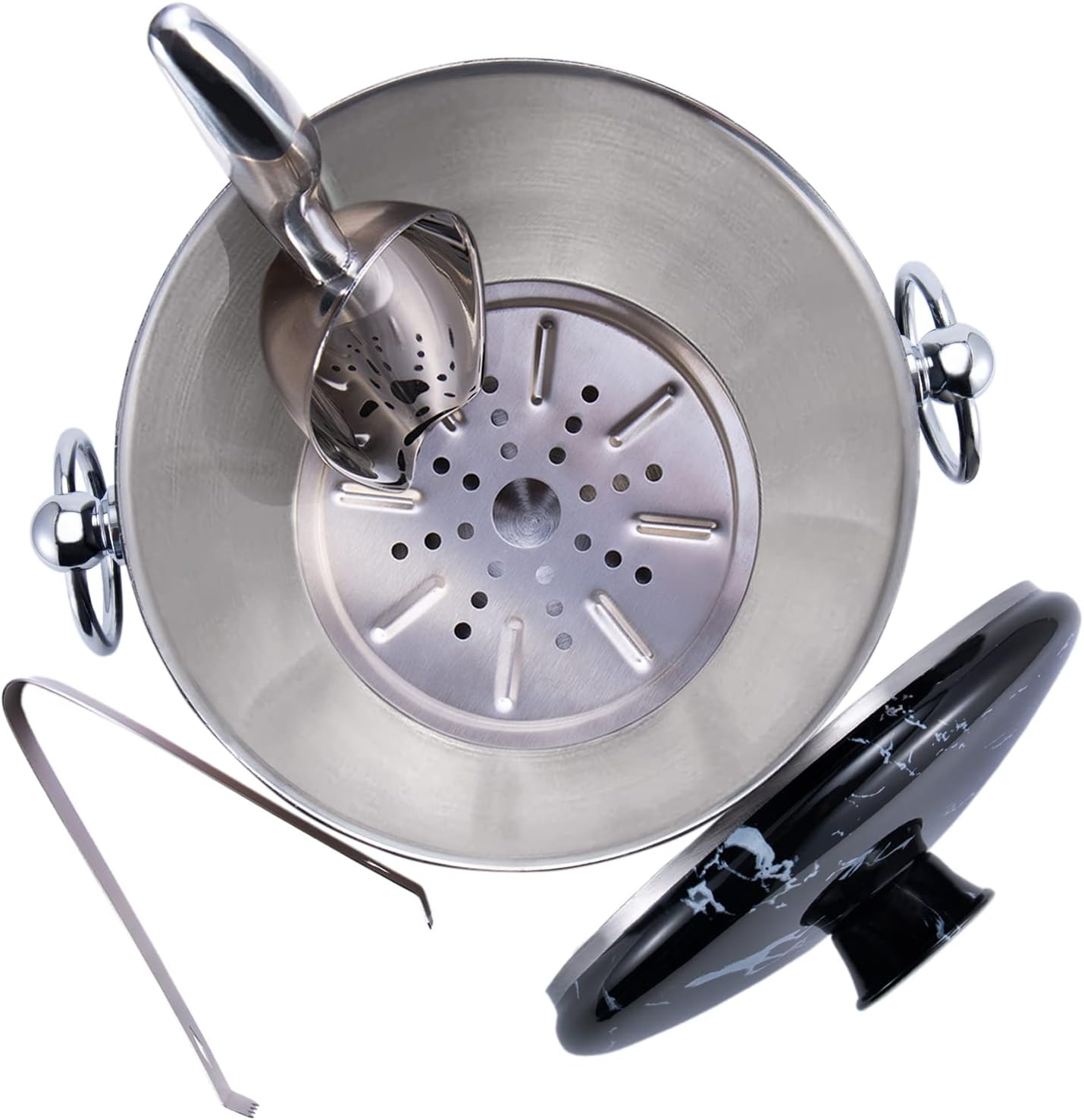 Ice Bucket with Lid, Scoop, Tongs and Strainer - Well Made Insulated Stainless Steel Keep Ice Frozen Longer - Ideal for Cocktail Bar, Parties, Chilling Wine, Champagne - 3 Liter (Black Marble)