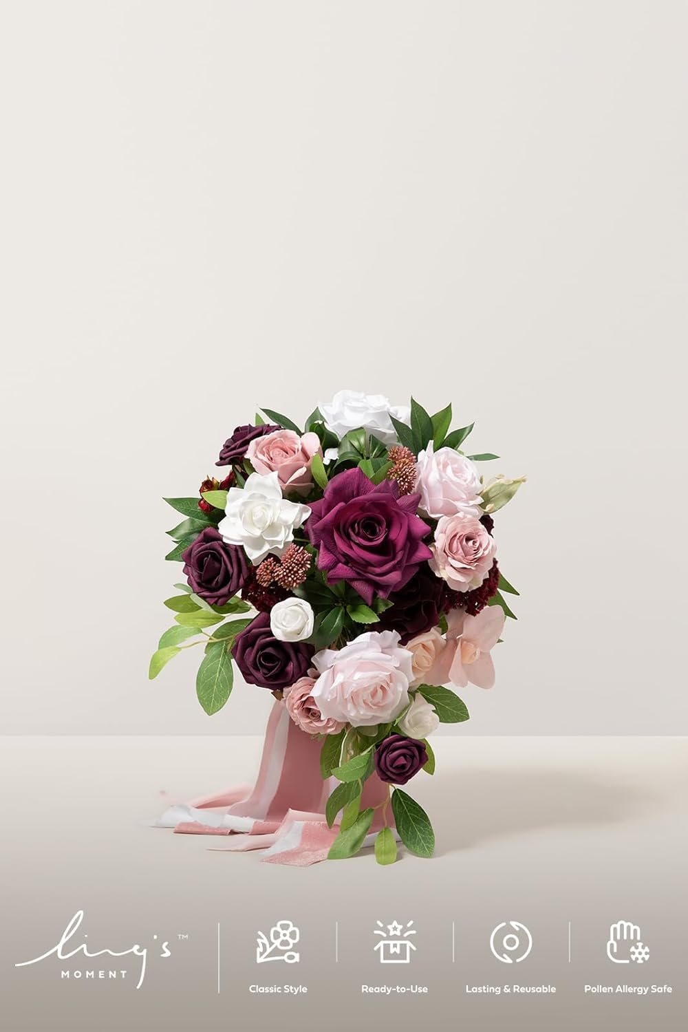 Ling's moment Burgundy Cascading Bridal Bouquet, Marsala Wedding Bouquets for Bride, 13 Inch Birde Bouquet Artificial Wedding Flower Bouquet