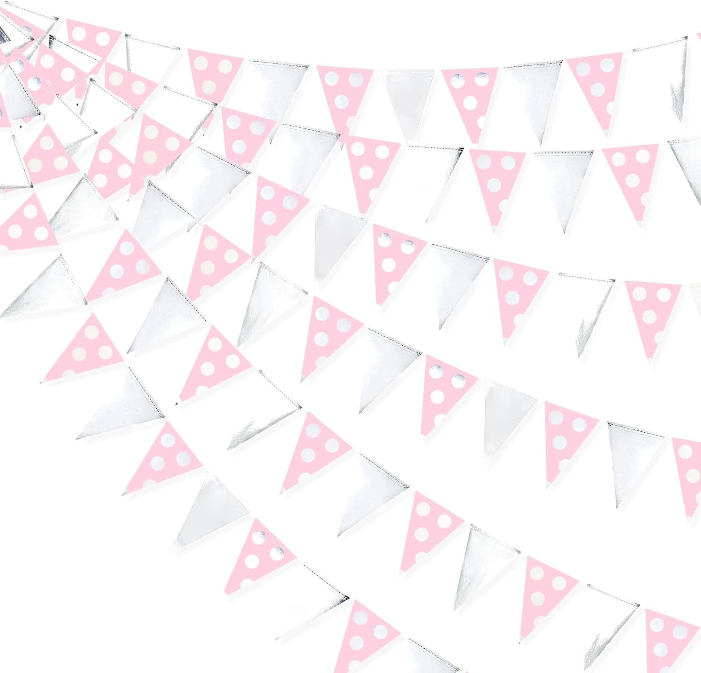 30 Ft Silver Pink Polka Dot Pennant Banner Blush Paper Circle Dot Triangle Flags Bunting Garland for Baby Shower Bridal Shower Wedding Bachelorette Christmas Holiday Girls Birthday Party Decorations