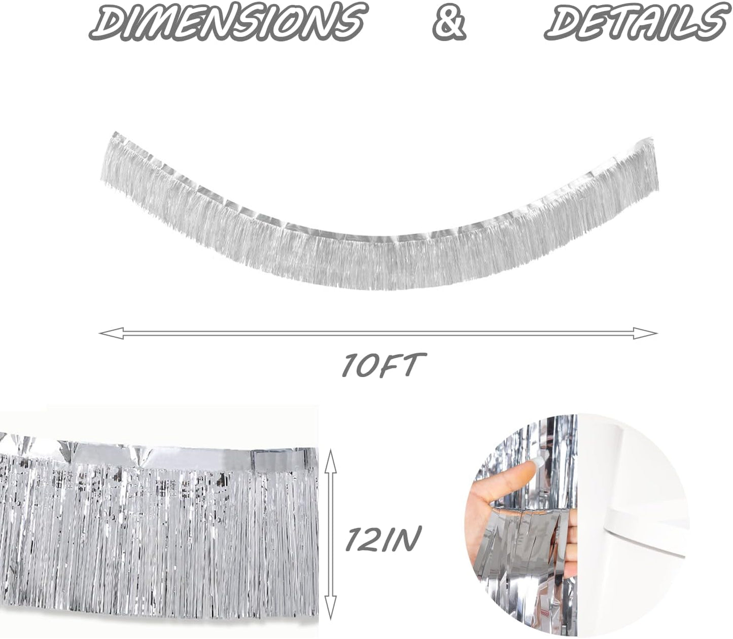 Silver Foil Fringe Garland 10FT 6packs, Metallic Foil Tinsel Fringe Banners for Parade Float Decorations Wedding, Birthday Party Graduation (six Silver)