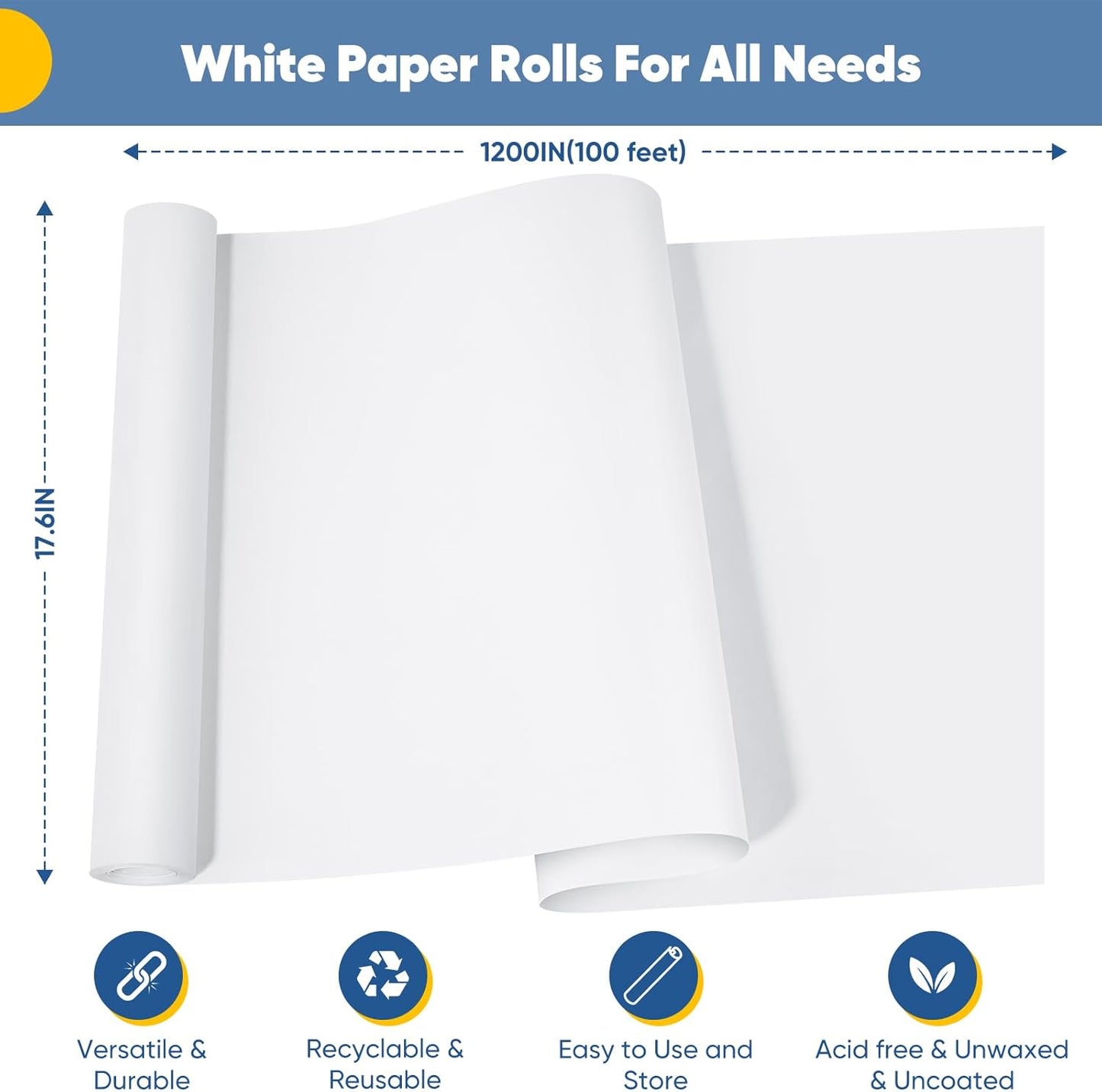 Drawing Paper Roll for Kids Art Supplies, 17.6"x1200" (100') Easel Craft Decorative Paper, White Eid Gift Wrapping Paper, Solid Color Poster Kraft Paper, Perfect for Valentine's Day, Wedding, Birthday