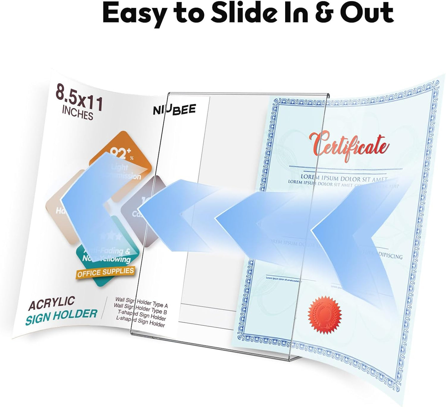 NIUBEE 6Pack 8.5x11 Acrylic Sign Holder with Vertical Slanted Back, Clear Plastic Sign Stand Frames, Flyer Document Paper Display Stand for Office Desktop