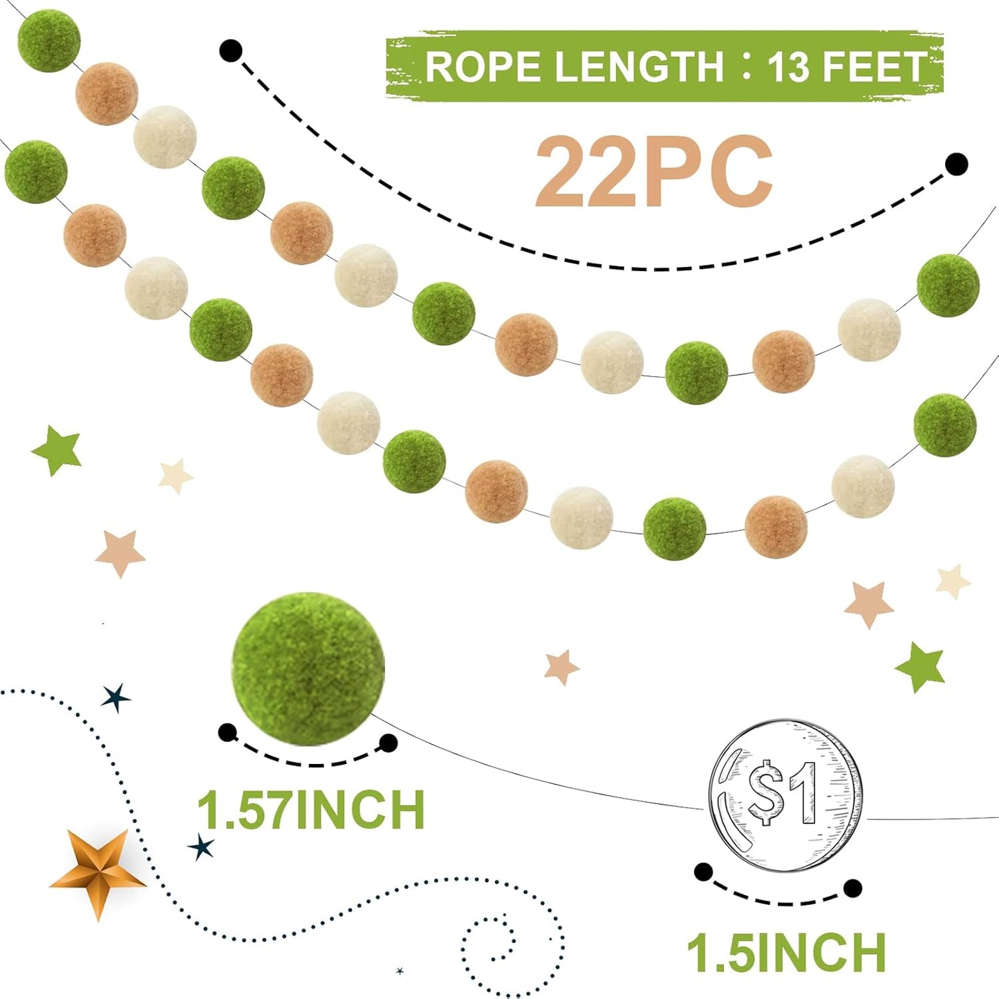 TBD Decor 2pk Pom Pom Garland 13FT Colorful Large Felt Ball Garland Fall Decoration for Mantle,Indoor Holiday Wedding Birthday Party Supplies(Green Brown)