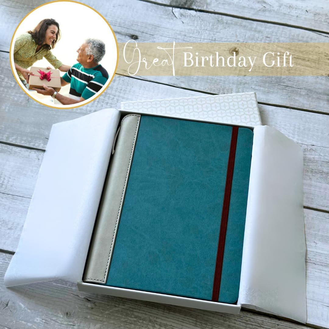SETTINI® Lined Journal - Sleek Teal Journal for Writing Gift Set - Hardcover Vegan Leather, Includes Luxury Pen in a Unique Pen Holder, 192 Pages, 6 x 8.5 inches, Birthday Gift