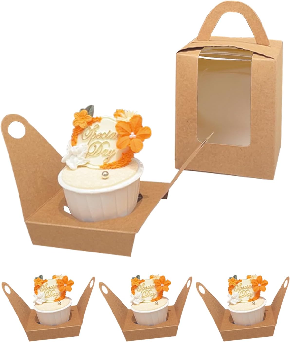 Bakepacker Auto-pop up Individual Cupcake Boxes with Window 60 Count Brown Single Cupcakes Box 3.6 x 3.6 x 4.3inch Cupcake Carrier