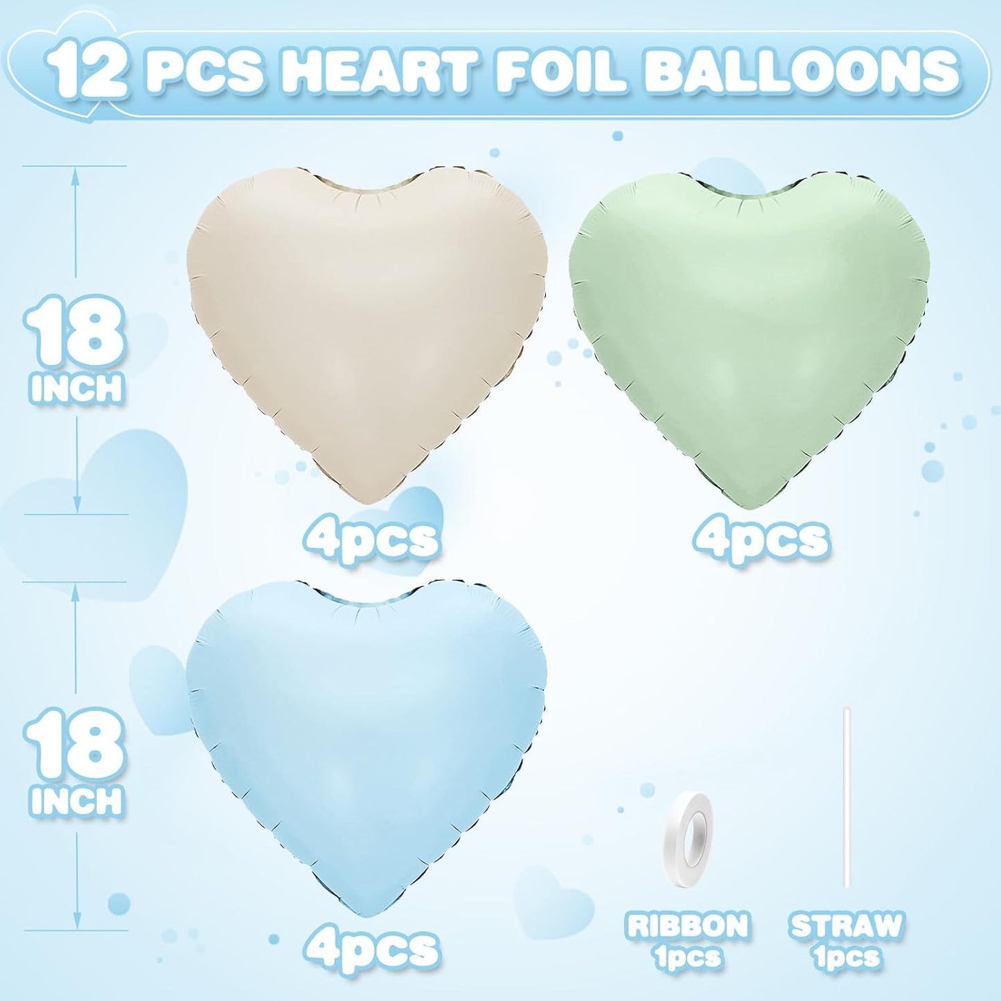 Blue Green White Heart Balloons,12Pcs 18Inch Cream White Baby Blue Sage Green Heart Shaped Foil Helium Balloons for Baby Shower Birthday Anniversary Wedding Engagement Party Decorations
