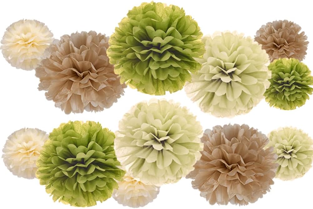 Sage Green Olive Ivory and Champagne Tan Tissue Paper Pom Poms Flower for Baby Shower Spring Summer Jungle Birthday Wedding Graduation Party Decoration, 12pc