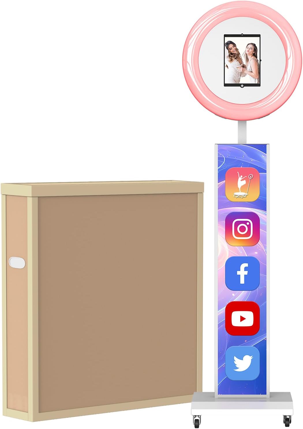 MWE Portable Photo Booth Machine Stand Compatible with Any Ipad with Software APP and Remote Control, RGB Ring Lights Music Sync, Free Custom Logo,ChackTok VIP (White, Light Box-Honeycomb Case)