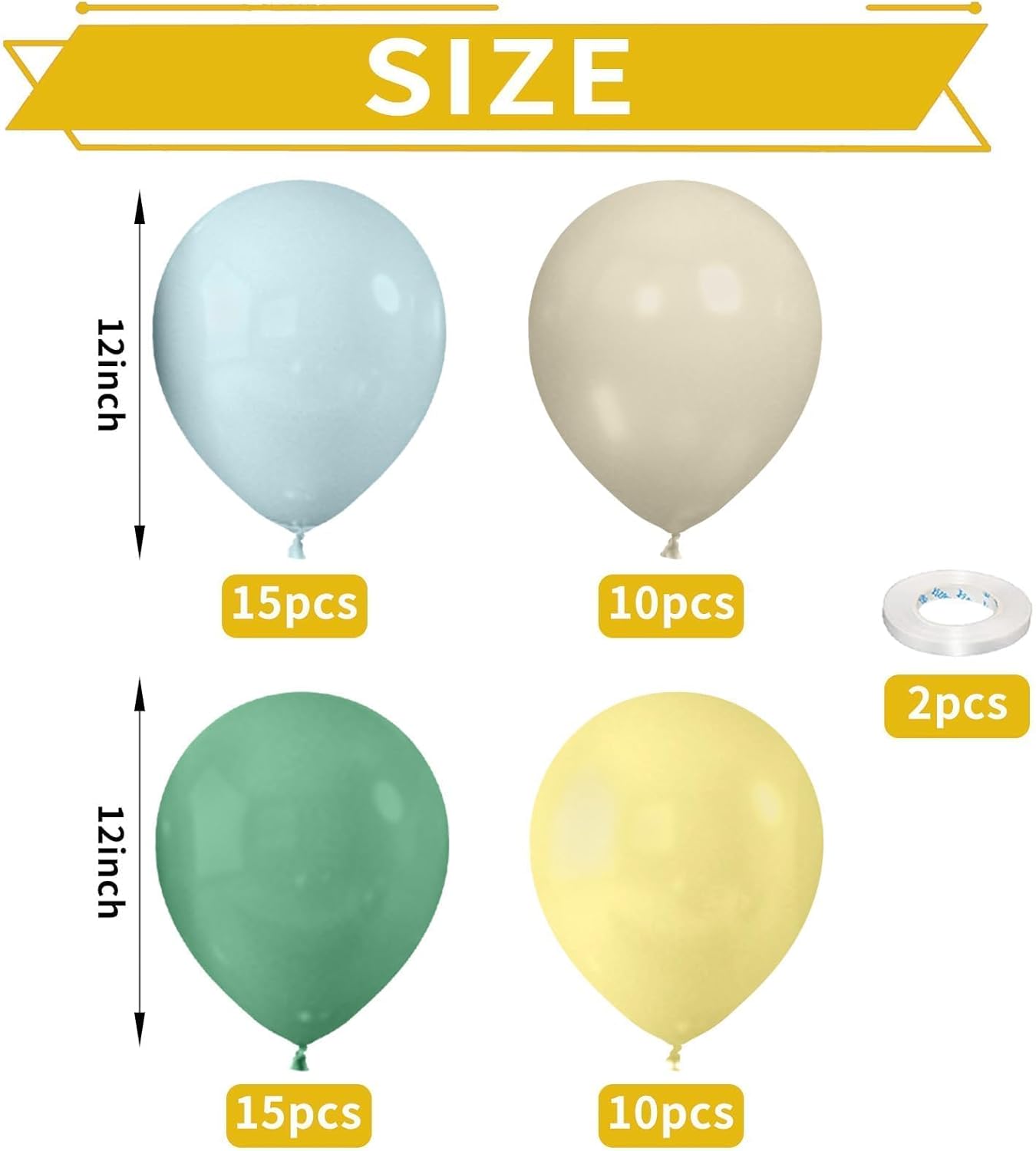 Sage 52 PCS 12 Inch Multi-Colored Balloons for Birthday Parties - Includes Blue, Green, Yellow, Dusty Blue, Bean Green, Sand, White, Maca, Yellow Latex Balloons