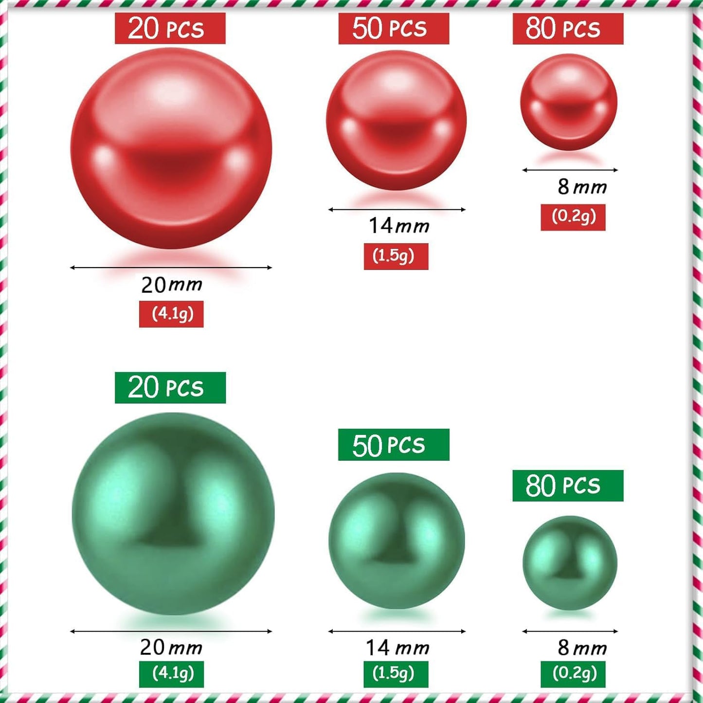 300Pcs Red&Green Polished No Hole Pearl Beads Vase Filler, Christmas Vase Filling Decorations, Plastic Pearls, Table Scatters, Wedding Home Decor, 8/14/20 mm