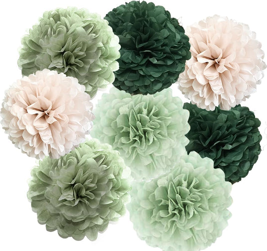 Sage Green Tissue Paper Flower Pom Poms Kit 12pieces for Wedding Bridal Shower Engagement Bachelorette Birthday Party Decorations (Boho Sage Green)