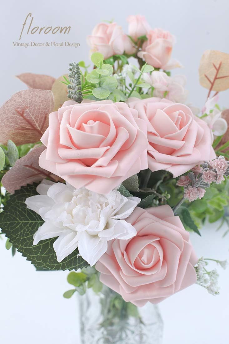 Floroom Artificial Flowers 25pcs Real Looking Blush Foam Fake Roses with Stems for DIY Wedding Bouquets Bridal Shower Centerpieces Party Decorations