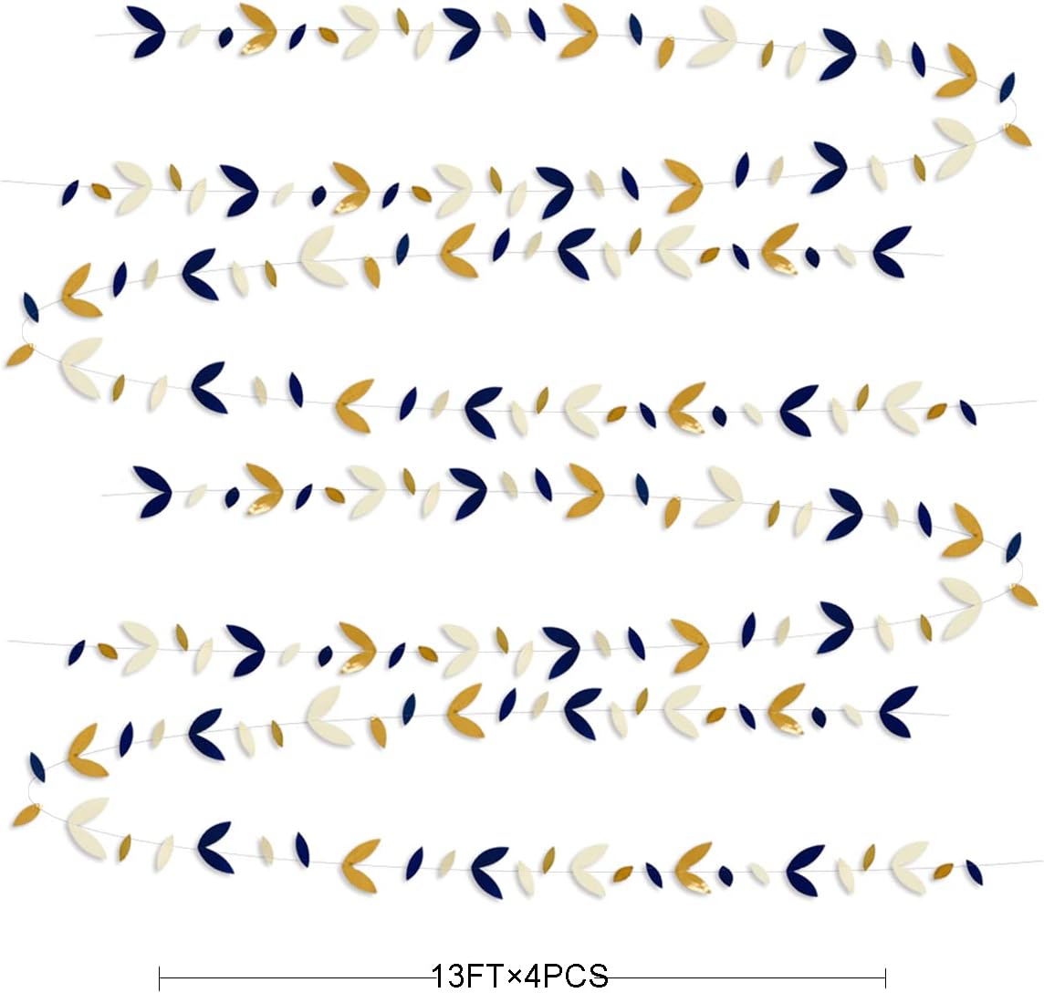 52 Ft Navy Blue Gold Party Decorations Royal Blue Gold Leaf Garland Paper Hanging Leaves Streamer Banner for Spring Birthday Bachelorette Engagement Anniversary Wedding Bridal Shower Party Supplies