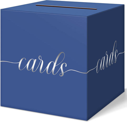 QIKSION Navy Blue Graduation Card Box, Silver Foil Gift Card Box for Graduation, Party, Wedding Reception, Birthday, Baby Shower, Raffle