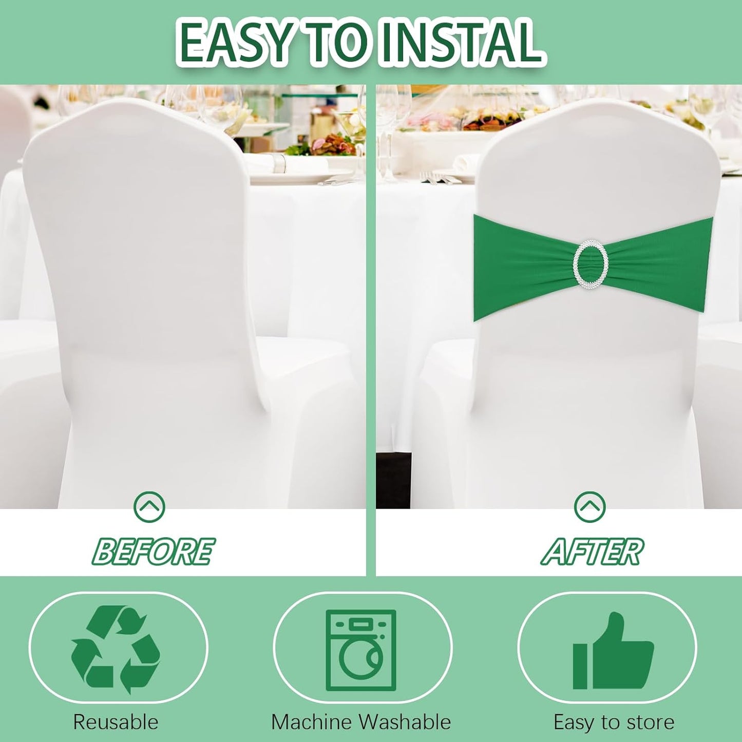 CHENGU 150 Pieces Spandex Stretch Chair Sashes Bows Elastic Chair Cover Bands Ties with Buckle Slider for Wedding Party Reception Events Universal Ceremony Banquet Decorations (Green)