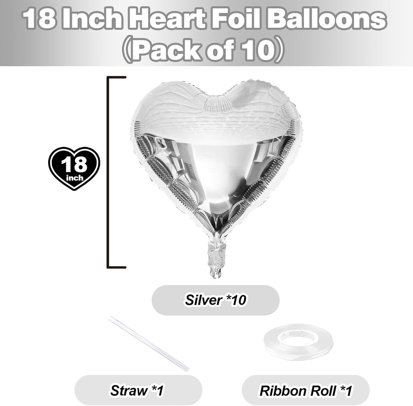 Silver Heart Foil Balloons, 10PCS 18Inch Mylar Balloons for Birthday, Valentine, Wedding, Baby, Graduation, New Year Party Decor