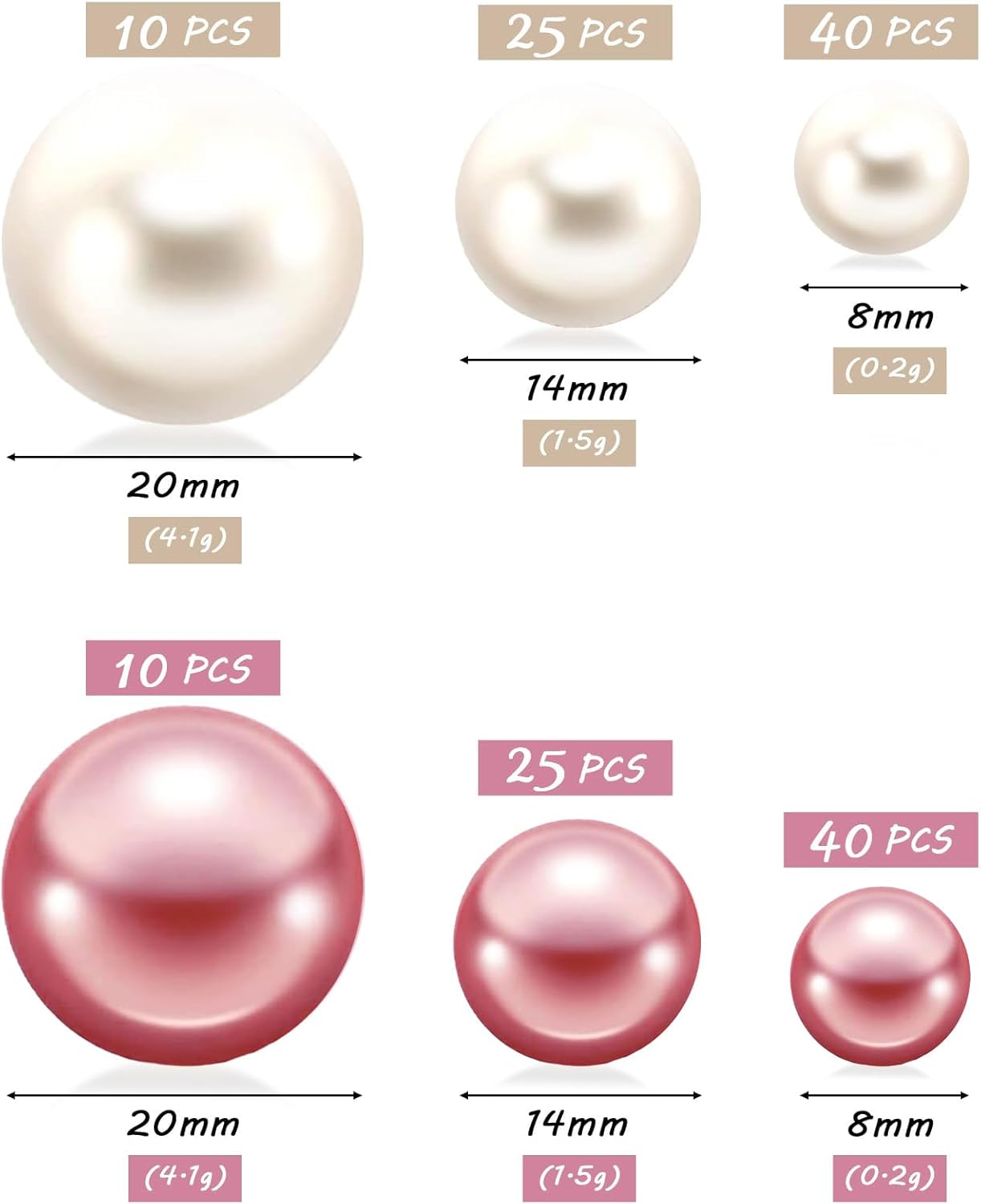 150Pcs Cream&Rose Gold Polished No Hole Faux Pearl Beads for Vase Filling Decorations, Plastic Pearls Vase Fillers, Table Scatters, Wedding Centerpiece, Home Decor, 8/14/20 mm