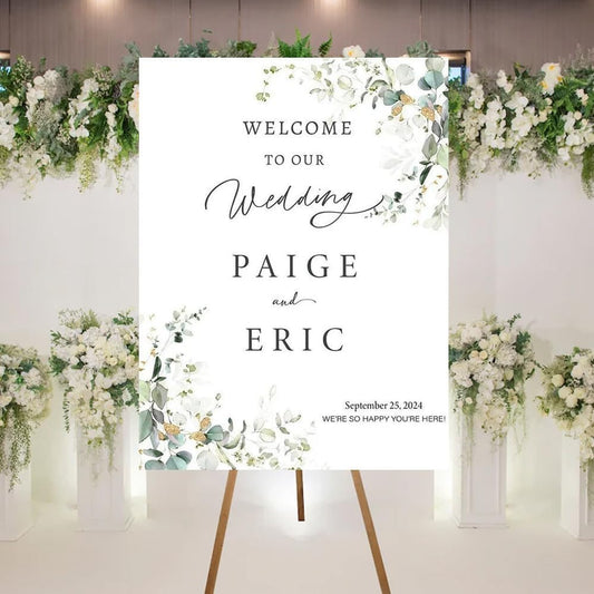 Welcome To Our Wedding Sign, Personalized Wedding Welcome Sign, Green Floral Wedding Welcome Sign Printed, Eucalyptus Floral Mr And Mrs Sign For Wedding, Welcome Wedding Sign With Stand
