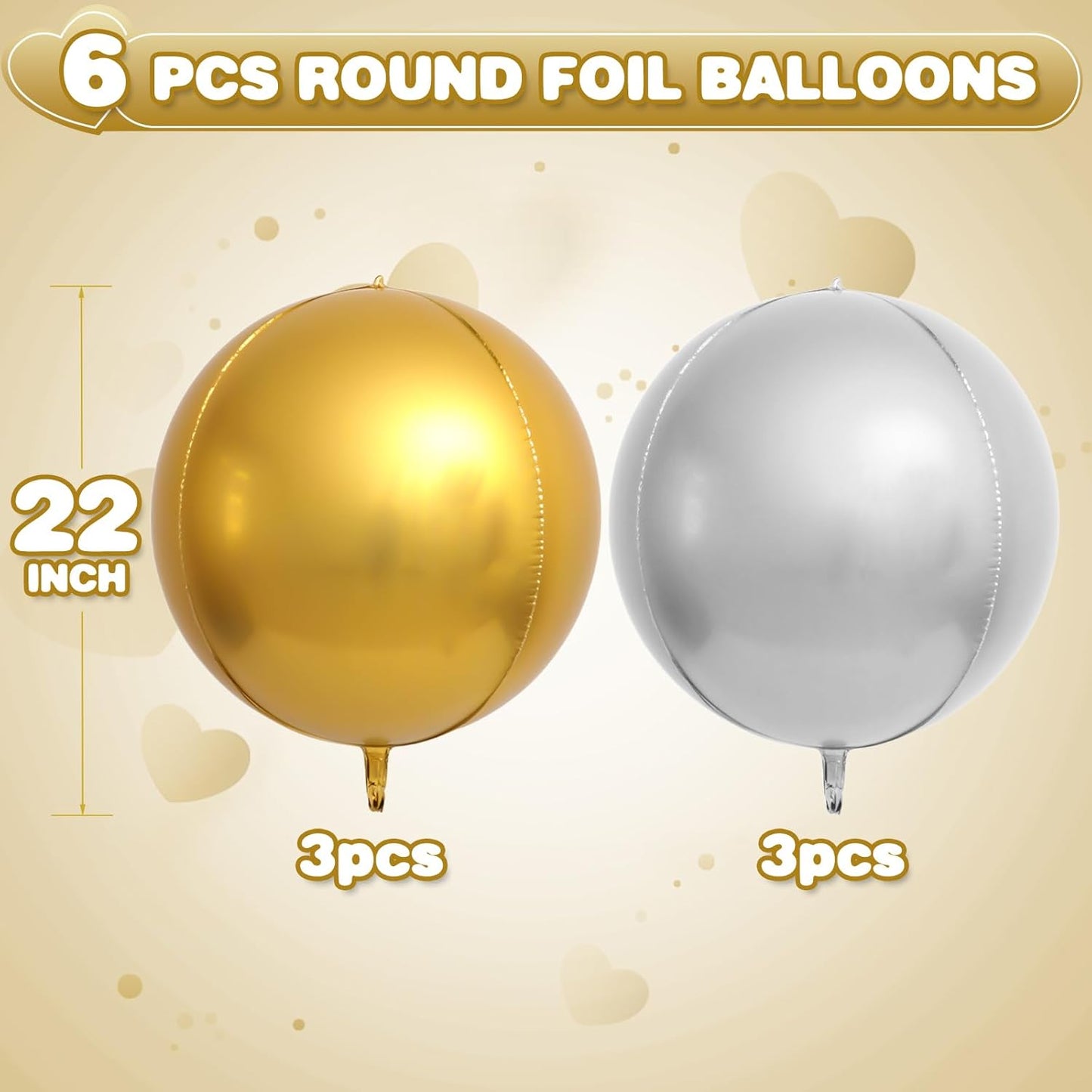 6Pcs Gold Silver Round Foil Balloons,Giant 4D Round Ball Balloons,22 Inch Metallic Gold Silver Balloon for Birthday Wedding Graduation Prom Party Decorations