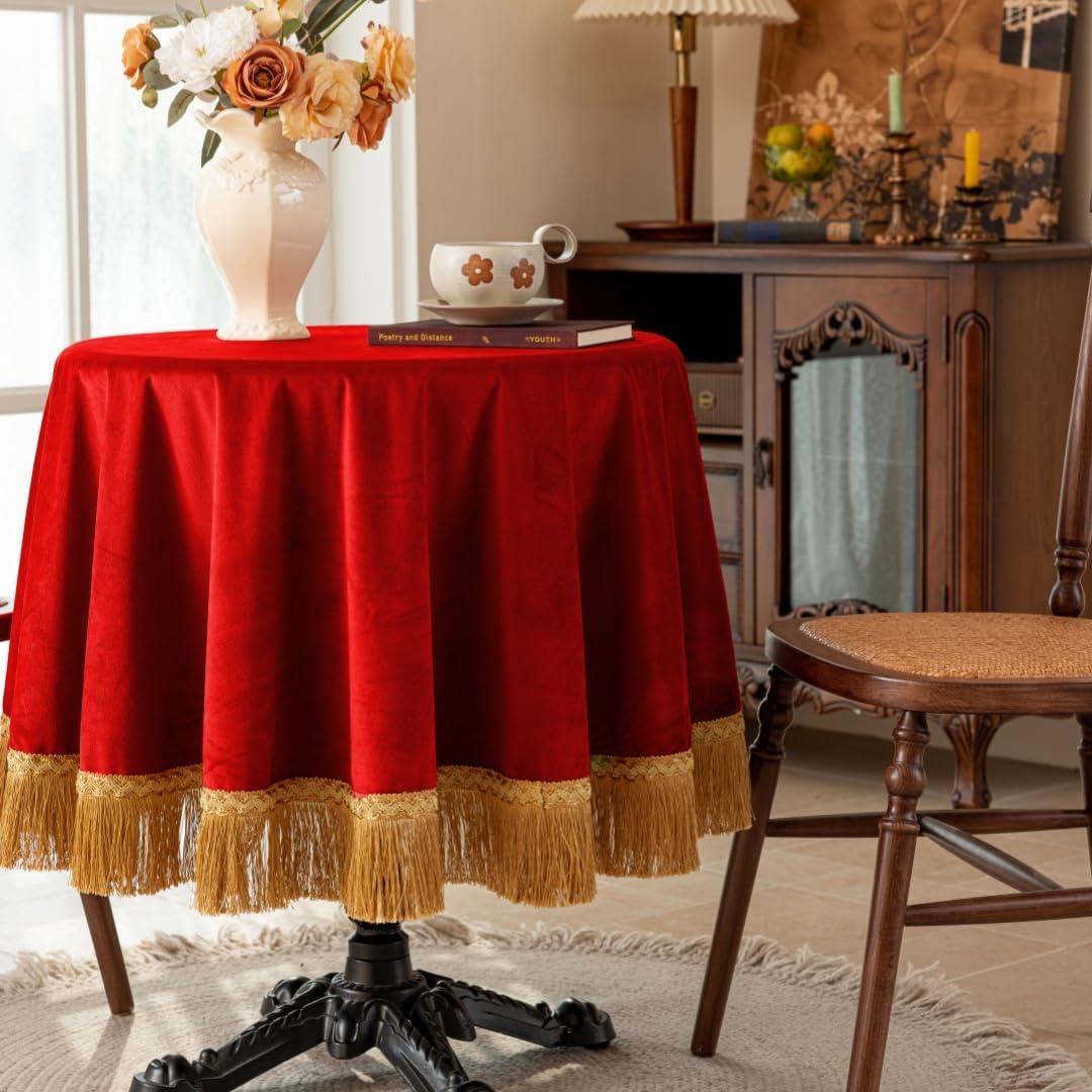 F-CHU Red Tablecloth Thickset Velvet Tablecloth with Beautiful Gold Tassels Vintage Table Cloth for Home Decor Wedding, Party, Banquet and Events 70" Round