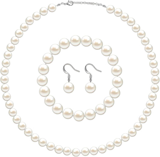 4 Pcs 1920s Faux Pearl Costume Jewelry Set for Women Halloween Simulated Necklace Bracelet Earrings for Wedding