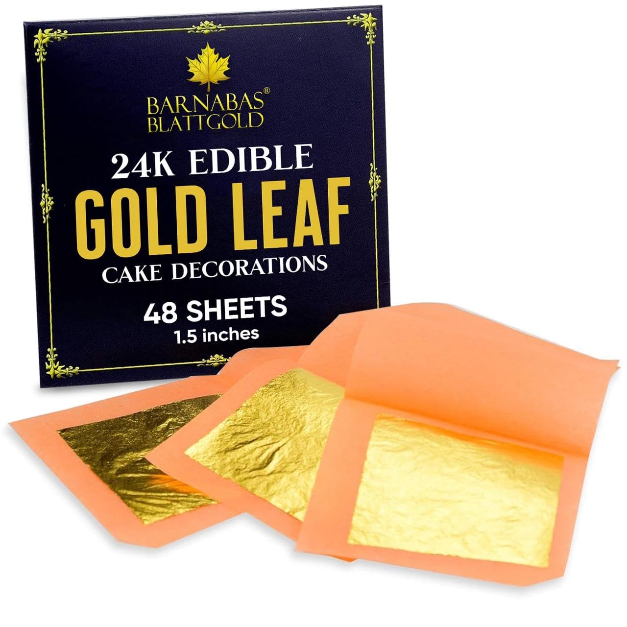 Barnabas Blattgold Edible Gold Leaf 24K - Cake Decorations, Loose Gold Leaf Sheets for Cupcakes - 1.5 inches, Interleaf of 48